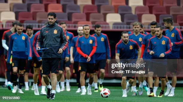 Players of Spain look on during a training session on June 30, 2018 in Moscow, Russia.