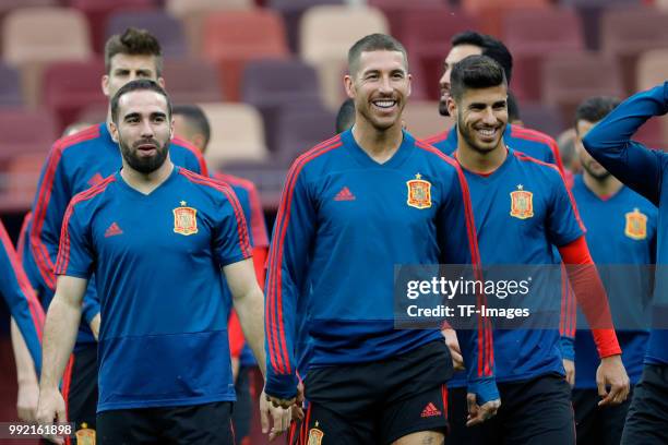 Players of Spain laugh during a training session on June 30, 2018 in Moscow, Russia.