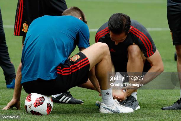 Gerard Pique of Spain injured during a training session on June 30, 2018 in Moscow, Russia.