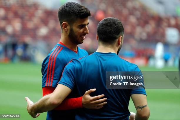 Players of Spain gesture during a training session on June 30, 2018 in Moscow, Russia.