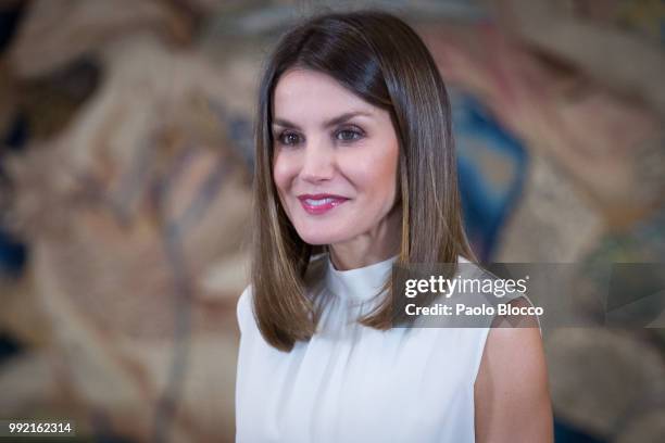 Queen Letizia of Spain receives the Spanish U-17 women's soccer team at Zarzuela Palace on July 5, 2018 in Madrid, Spain.