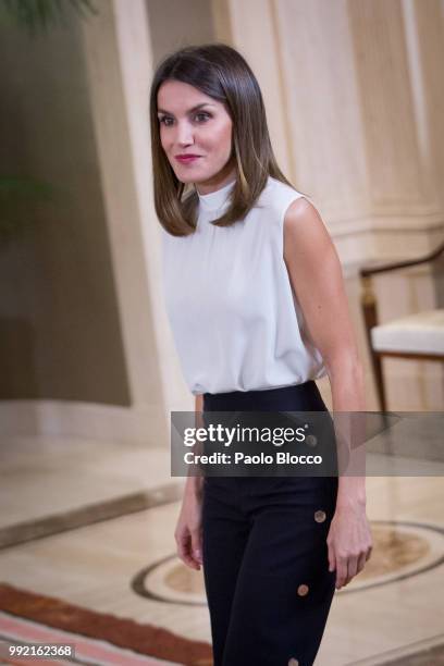 Queen Letizia of Spain receives the Spanish U-17 women's soccer team at Zarzuela Palace on July 5, 2018 in Madrid, Spain.