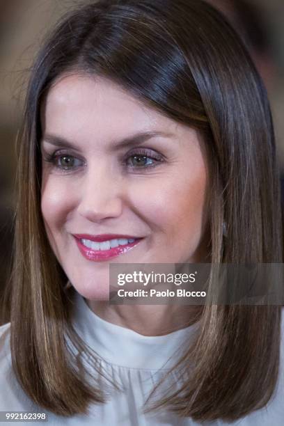 Queen Letizia of Spain receives the Spanish U-17 women's soccer team at Zarzuela Palace on July 5, 2018 in Madrid, Spain.