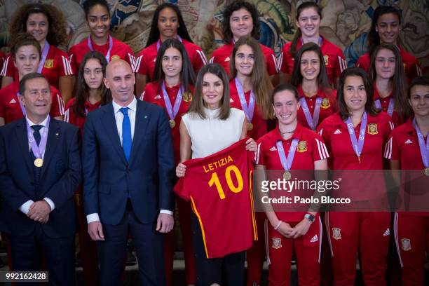 Queen Letizia of Spain receives the President of the Spanish football federation Luis Rubiales and the Spanish U-17 women's soccer team at Zarzuela...