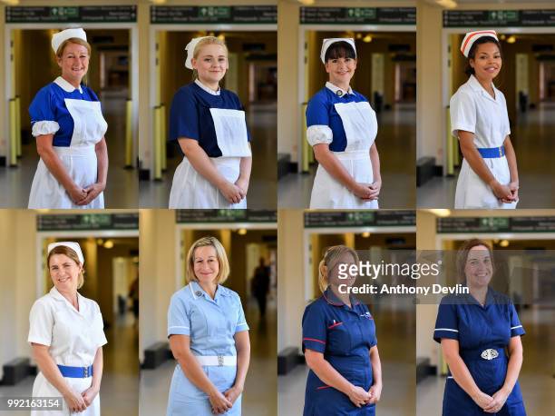 In this composite nurses in uniforms to represent each decade of the NHS Serena Hurst,1940s, Natalie Lancaster, 1950s, Amanda Whiteout, 1960s, Jemina...