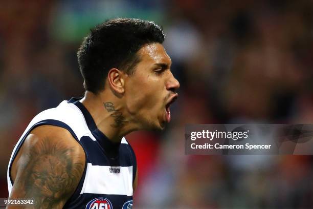 Tim Kelly of the Cats celebrates kicking a goal during the round 16 AFL match between the Sydney Swans and the Geelong Cats at Sydney Cricket Ground...