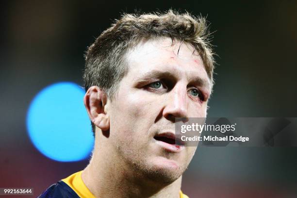 Ryan Hoffman of the Storm looks upfield during the round 17 NRL match between the Melbourne Storm and the St George Illawarra Dragons at AAMI Park on...