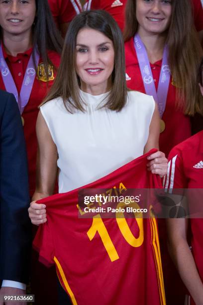 Queen Letizia of Spain receives the Spanish U-17 women's soccer team at Zarzuela Palace on July 5, 2018 in Madrid, Spain.