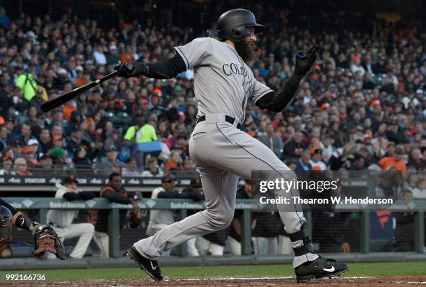 Charlie Blackmon of the Colorado Rockies bats against the San Francisco Giants in the third inning at AT&T Park on June 26, 2018 in San Francisco,...