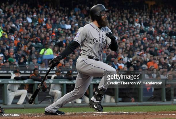 Charlie Blackmon of the Colorado Rockies bats against the San Francisco Giants in the third inning at AT&T Park on June 26, 2018 in San Francisco,...
