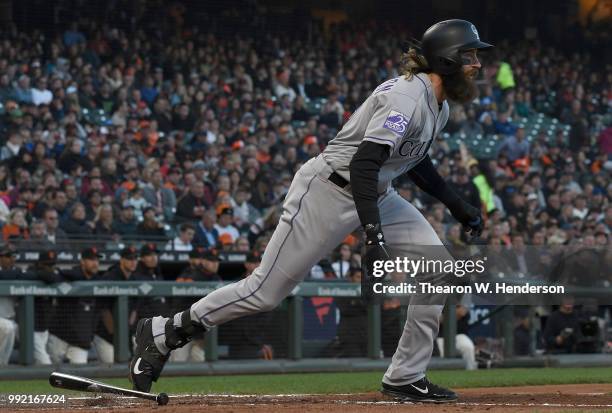 Charlie Blackmon of the Colorado Rockies bats against the San Francisco Giants in the third inning at AT&T Park on June 26, 2018 in San Francisco,...