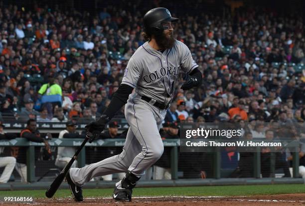 Charlie Blackmon of the Colorado Rockies bats against the San Francisco Giants in the third inning at AT&T Park on June 26, 2018 in San Francisco,...