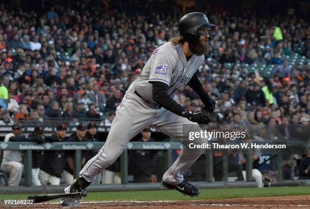 Charlie Blackmon of the Colorado Rockies bats against the San Francisco Giants in the third inning at AT&T Park on June 26, 2018 in San Francisco,...