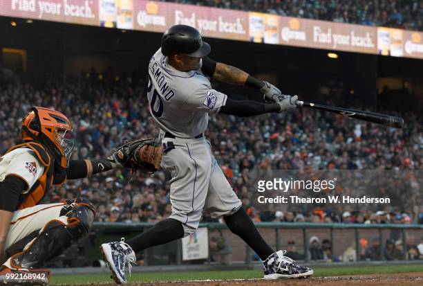 Ian Desmond of the Colorado Rockies bats against the San Francisco Giants in the fourth inning at AT&T Park on June 26, 2018 in San Francisco,...