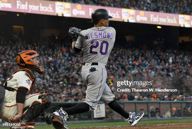 Ian Desmond of the Colorado Rockies bats against the San Francisco Giants in the fourth inning at AT&T Park on June 26, 2018 in San Francisco,...