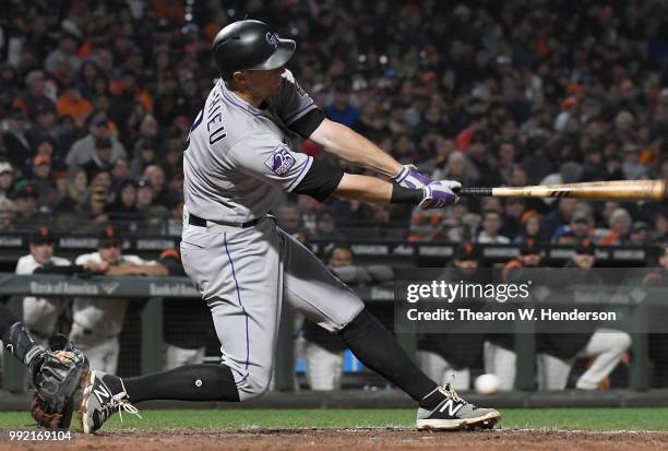 LeMahieu of the Colorado Rockies bats against the San Francisco Giants in the seventh inning at AT&T Park on June 26, 2018 in San Francisco,...