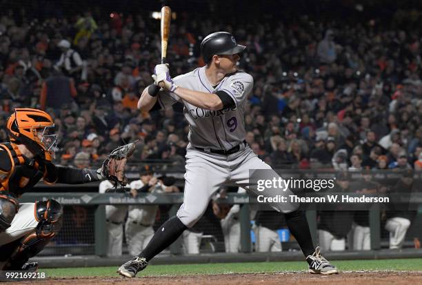 LeMahieu of the Colorado Rockies bats against the San Francisco Giants in the seventh inning at AT&T Park on June 26, 2018 in San Francisco,...