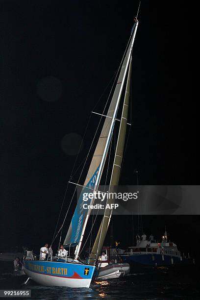 French skippers Damien Cloarec and Miguel Danet sail on their "Concarneau-St Barth" monohull upon their arrival at the end of the transat AG2R La...