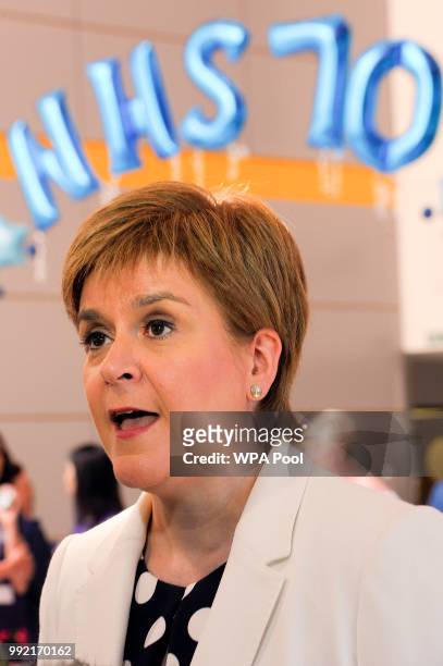 Scotland's First Minister Nicola Sturgeon during a visit to the Royal Hospital for Children to mark the 70th Anniversary of the NHS on July 5 in...