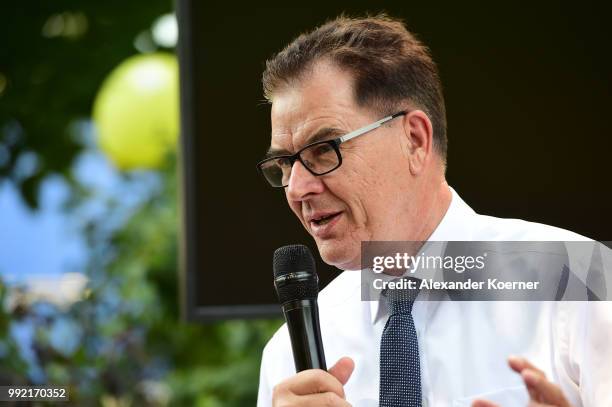 Minister Dr. Gerd Mueller speaks during a discussion panel at the Greenshowroom Fair Fashion Move on July 5, 2018 in Berlin, Germany.