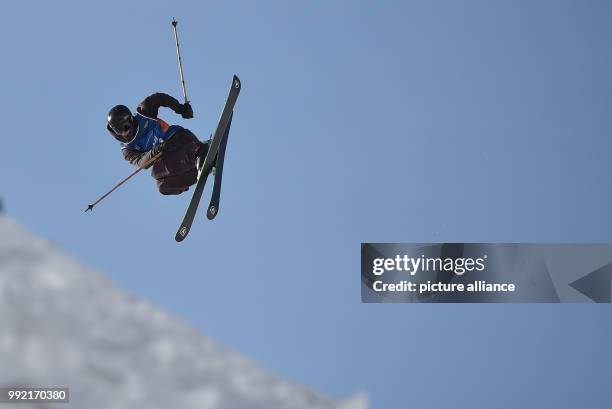 The skier Alexander Hall from the US jumps during the Men's qualifications for the FIS Freeski World Cup in the Neustift im Stubaital ski area,...