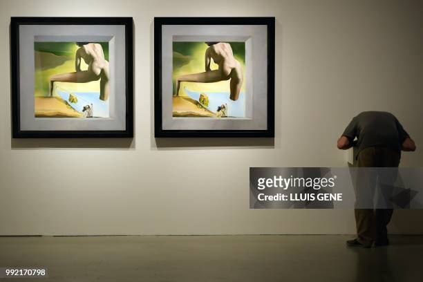 Visitor looks at the Stereoscopic painting "Dali Lifting the Skin of the Mediterranean Sea to Show Gala the Birth of Venus. Stereoscopic work, 1978"...