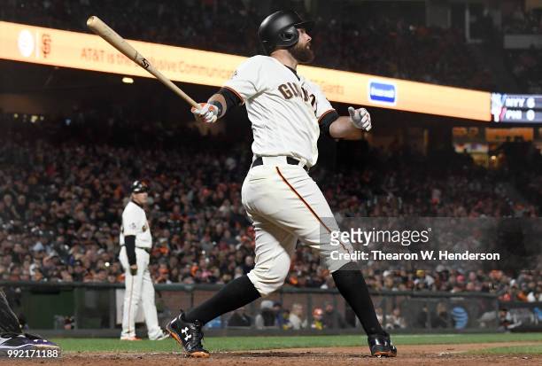 Brandon Belt of the San Francisco Giants bats against the Colorado Rockies in the seventh inning at AT&T Park on June 26, 2018 in San Francisco,...
