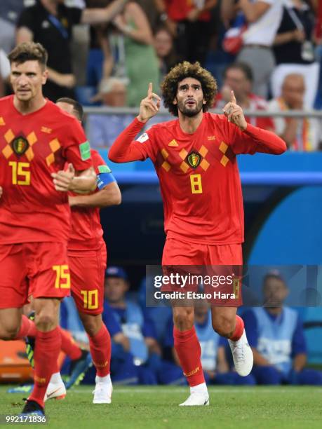 Marouane Fellaini of Belgium celebrates scoring his side's second goal during the 2018 FIFA World Cup Russia Round of 16 match between Belgium and...