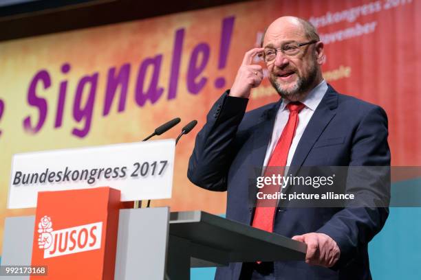 Leader of the Social Democratic Party Martin Schulz speaking to delegates at the federal congress for Young Socialists in the SPD at the E-Werk in...