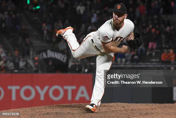 Sam Dyson of the San Francisco Giants pitches against the Colorado Rockies in the ninth inning at AT&T Park on June 26, 2018 in San Francisco,...