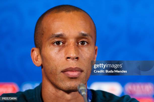 Miranda attends the media during a Brazil press conference ahead of the the 2018 FIFA World Cup Russia Quarter Final match between Brazil and Belgium...