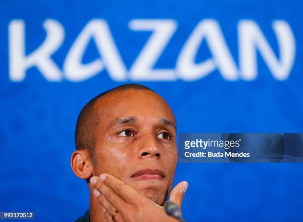 Miranda attends the media during a Brazil press conference ahead of the the 2018 FIFA World Cup Russia Quarter Final match between Brazil and Belgium...