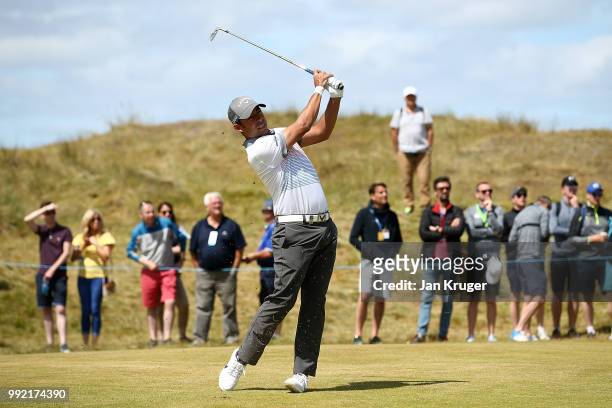 Pablo Larrazabal of Spain plays his second shot on the 1st hole during day one of the Dubai Duty Free Irish Open at Ballyliffin Golf Club on July 5,...