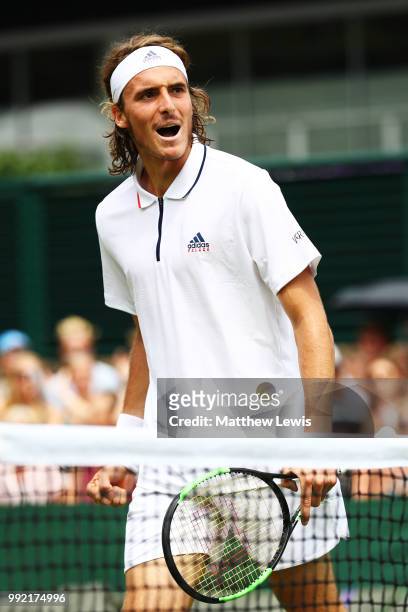Stefanos Tsitsipas of Greece reacts against Jared Donaldson of the United States during their Men's Doubles first round match on day four of the...
