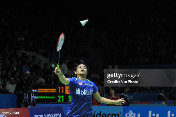 Gregoria Mariska Tunjung on women's singles badminton match at the Indonesia Open in Jakarta on July 5, 2018. The 2018 Indonesia Open, officially...