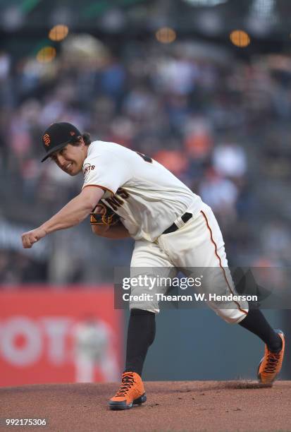 Derek Holland of the San Francisco Giants pitches against the Colorado Rockies in the top of the first inning at AT&T Park on June 26, 2018 in San...