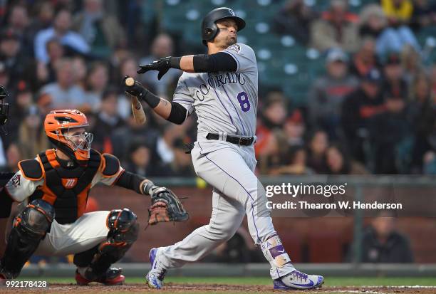 Gerardo Parra of the Colorado Rockies bats against the San Francisco Giants in the fifth inning at AT&T Park on June 26, 2018 in San Francisco,...
