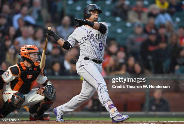 Gerardo Parra of the Colorado Rockies bats against the San Francisco Giants in the fifth inning at AT&T Park on June 26, 2018 in San Francisco,...