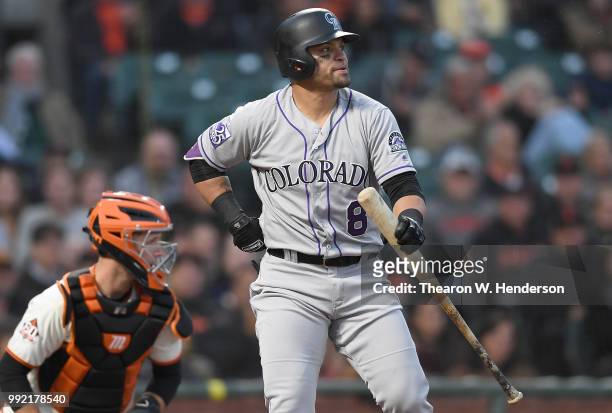 Gerardo Parra of the Colorado Rockies reacts after striking out against the San Francisco Giants in the fifth inning at AT&T Park on June 26, 2018 in...