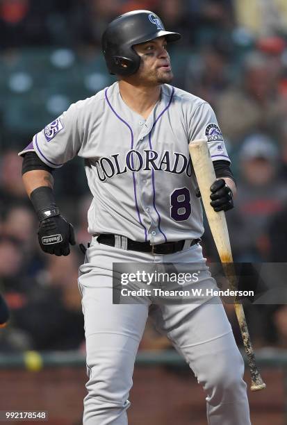 Gerardo Parra of the Colorado Rockies reacts after striking out against the San Francisco Giants in the fifth inning at AT&T Park on June 26, 2018 in...