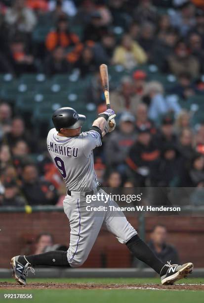 LeMahieu of the Colorado Rockies bats against the San Francisco Giants in the fifth inning at AT&T Park on June 26, 2018 in San Francisco, California.