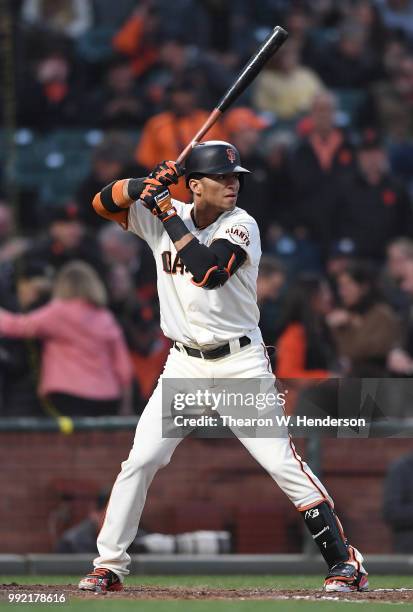 Gorkys Hernandez of the San Francisco Giants bats against the Colorado Rockies in the fifth inning at AT&T Park on June 26, 2018 in San Francisco,...