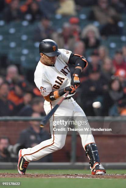 Gorkys Hernandez of the San Francisco Giants bats against the Colorado Rockies in the fifth inning at AT&T Park on June 26, 2018 in San Francisco,...