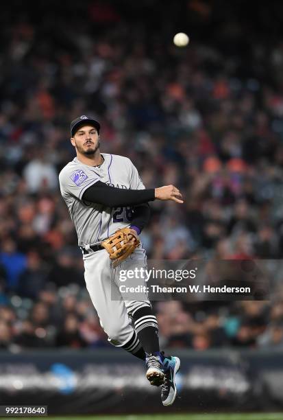 Nolan Arenado of the Colorado Rockies throws off balance to first base throwing out the runner against the San Francisco Giants in the fifth inning...