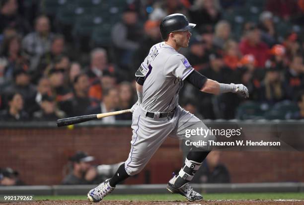 Trevor Story of the Colorado Rockies bats against the San Francisco Giants in the six inning at AT&T Park on June 26, 2018 in San Francisco,...