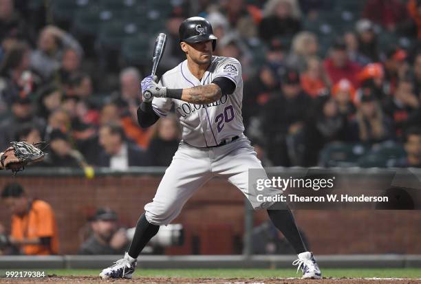 Ian Desmond of the Colorado Rockies bats against the San Francisco Giants in the six inning at AT&T Park on June 26, 2018 in San Francisco,...