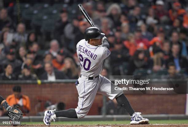 Ian Desmond of the Colorado Rockies bats against the San Francisco Giants in the six inning at AT&T Park on June 26, 2018 in San Francisco,...