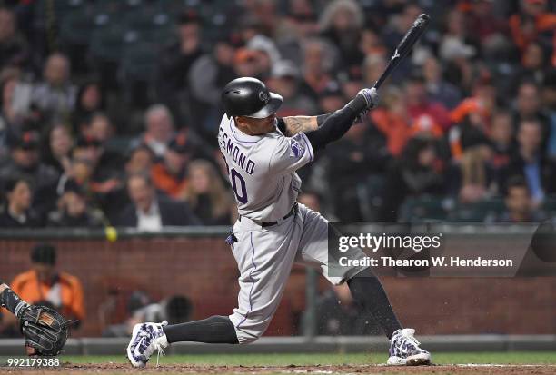 Ian Desmond of the Colorado Rockies bats against the San Francisco Giants in the six inning at AT&T Park on June 26, 2018 in San Francisco,...