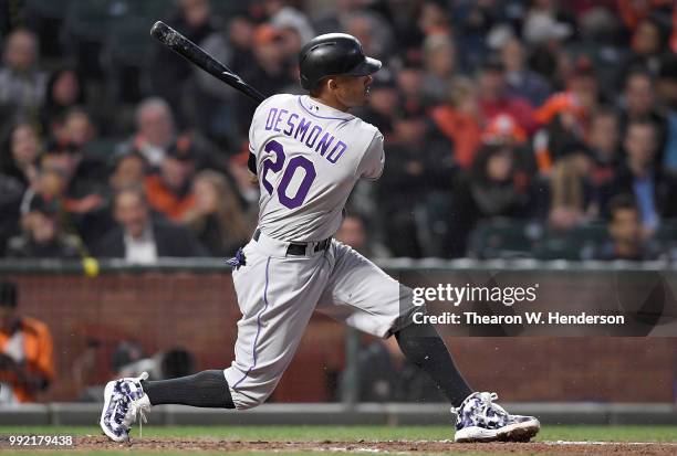 Ian Desmond of the Colorado Rockies bats against the San Francisco Giants in the six inning at AT&T Park on June 26, 2018 in San Francisco,...