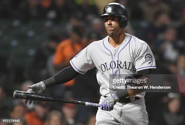 Ian Desmond of the Colorado Rockies reacts after striking out against the San Francisco Giants in the six inning at AT&T Park on June 26, 2018 in San...